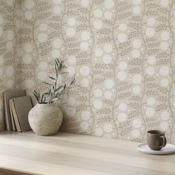 Carta da parati Steli beige con fiori bianchi soffici e morbidi puntini, Parati fiori e piante classici, a00997 : Uwalls.it