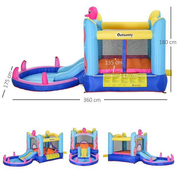 Outsunny Castello Gonfiabile Gigante e Rimbalzante per Bambini 3-8 Anni con Scivolo, Piscina e Gonfiatore 3.6x1.75x1.8m