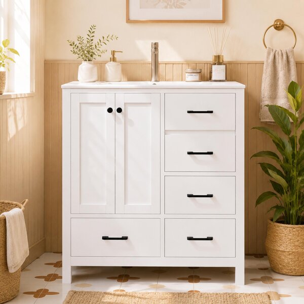 Mobile bagno autoportante, bianco, dimensioni 76x46x82 cm, realizzato in MDF al 100%, con 4 cassetti e lavabo in Vetroceramica