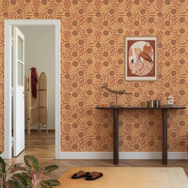 Carta da parati Fiori e foglie caldi e ondulati nei toni del senape-terracotta, Parati fiori e piante classici, a00998v2 : Uwalls.it