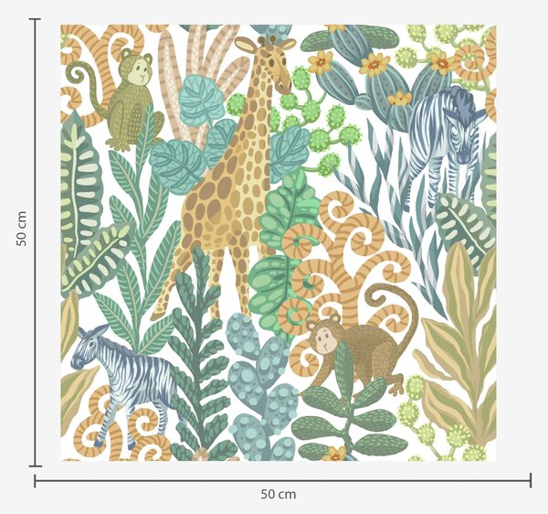 Carta da parati Allegri animali della savana tra le foglie su sfondo bianco, Parati natura classici, a01000 : Uwalls.it