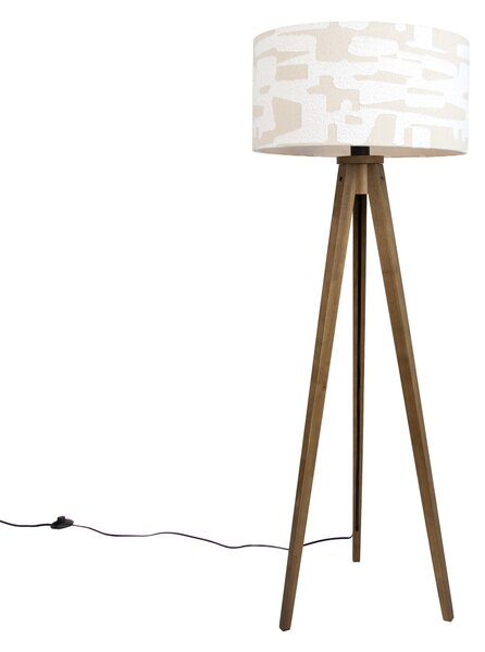 Lampada da terra in legno con paralume a righe beige e bianco 50cm - Tripod Classic