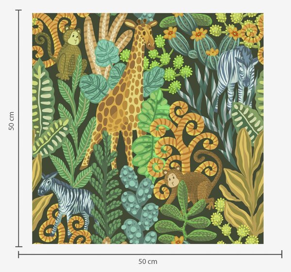 Carta da parati Fitta giungla con animali su sfondo verde scuro, Parati natura classici, a01000v2 : Uwalls.it