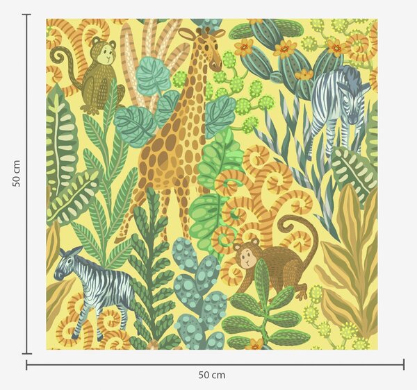 Carta da parati Giraffa, zebra e scimmia in una savana giallo brillante, Parati natura classici, a01000v1 : Uwalls.it
