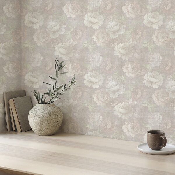 Carta da parati Peonie sbiadite su texture di lino in una delicata palette di colori beige, Parati fiori e piante classici, a01018 : Uwalls.it