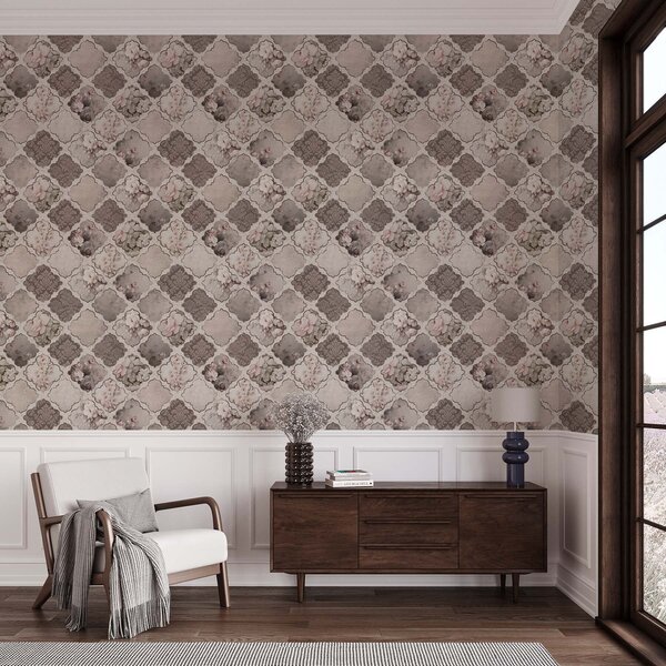 Carta da parati Romantico patchwork di medaglioni floreali nei toni polverosi, Parati fiori e piante classici, a01027 : Uwalls.it