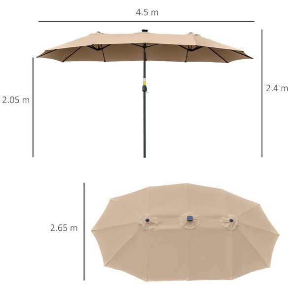 Outsunny Ombrellone da Giardino 4.5m con 48 Luci LED a Energia Solare, Ombrellone Doppio Parasole con Manovella, Cachi|Aosom