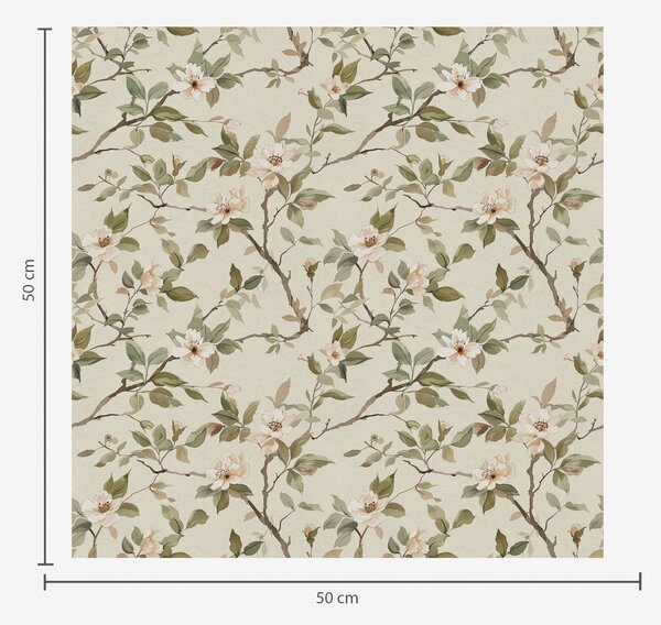 Carta da parati Rami leggeri con piccoli fiori color crema e foglie verdi, Parati fiori e piante classici, a01028 : Uwalls.it