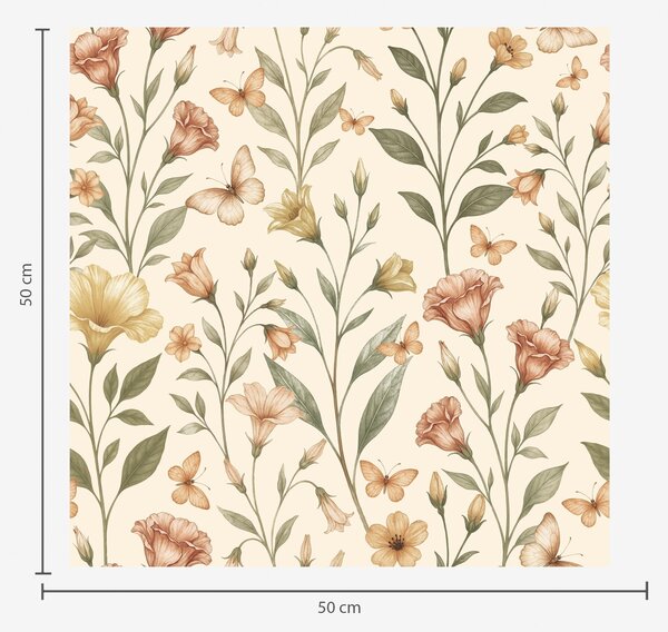 Carta da parati Delicati fiori di pesco e farfalle su uno sfondo color crema caldo, Parati fiori e piante classici, a01026 : Uwalls.it