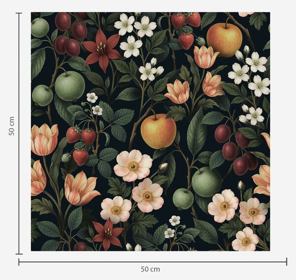 Carta da parati Giardino buio con fiori, mele mature e bacche, Parati fiori e piante classici, a01034 : Uwalls.it