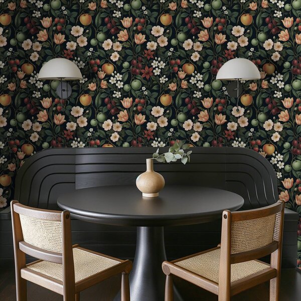 Carta da parati Giardino buio con fiori, mele mature e bacche, Parati fiori e piante classici, a01034 : Uwalls.it