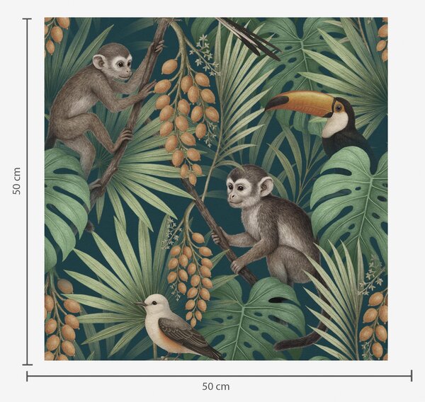 Carta da parati Scimmie e uccelli tropicali nella fitta vegetazione della giungla, Parati natura classici, a01037 : Uwalls.it