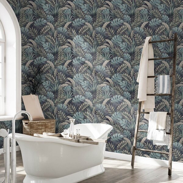 Carta da parati Fogliame tropicale nei freschi toni del blu-verde, Parati fiori e piante classici, a01035 : Uwalls.it