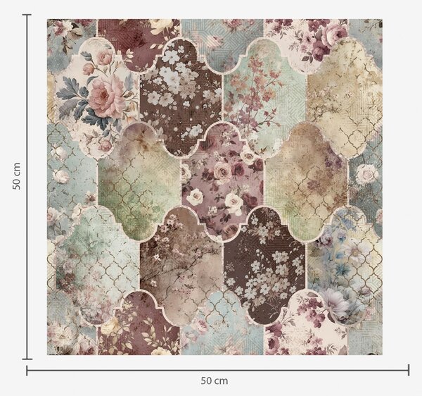 Carta da parati Patchwork di pannelli floreali e piastrelle consumate con motivi decorativi, Parati fiori e piante classici, a01038 : Uwalls.it