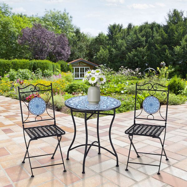 Outsunny Set da Giardino 3 Pezzi con Decorazioni Mosaico, Tavolino Rotondo e 2 Sedie Pieghevoli in Metallo, Stile Unico, Blu|Aosom