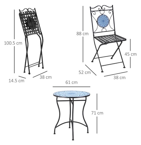 Outsunny Set da Giardino 3 Pezzi con Decorazioni Mosaico, Tavolino Rotondo e 2 Sedie Pieghevoli in Metallo, Stile Unico, Blu|Aosom