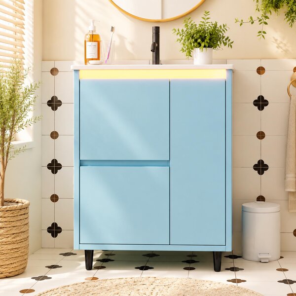 Lavabo da bagno autoportante, colore blu, dimensioni 61x46,5x87 cm, con lavabo in Vetroceramica