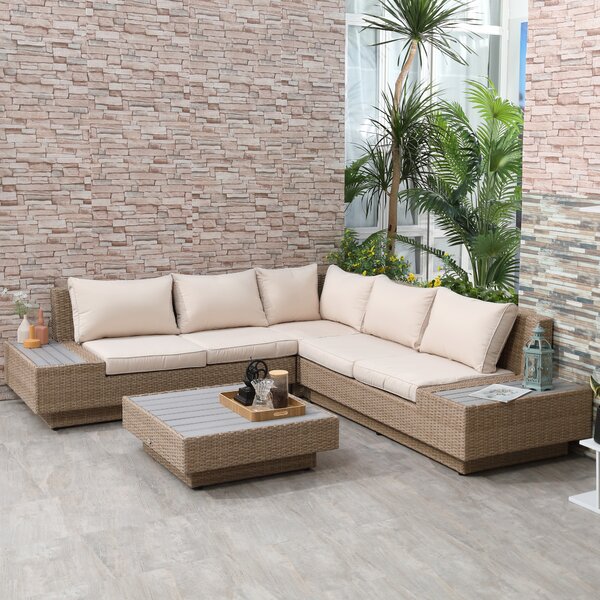 Outsunny Set da Giardino 4 Pezzi con Cuscini e Tavolini, Divano Angolare in Rattan, Marrone chiaro | Aosom Italy