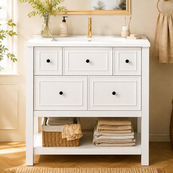 Mobile lavabo autoportante bianco con lavabo in Vetroceramica, dimensioni 76x46,5x82 cm. Mobile bagno con 5 cassetti