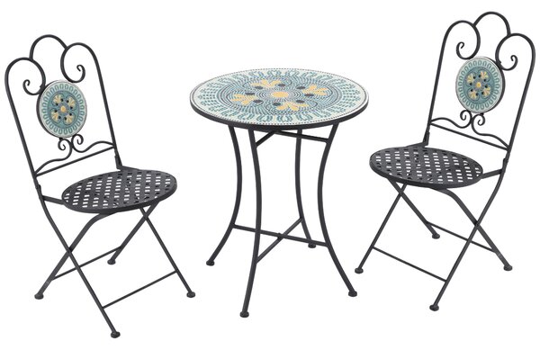 Outsunny Set da Giardino con Mosaico da 3 Pezzi, Tavolino Rotondo da Esterno con 2 Sedie Pieghevoli in Metallo, Verde