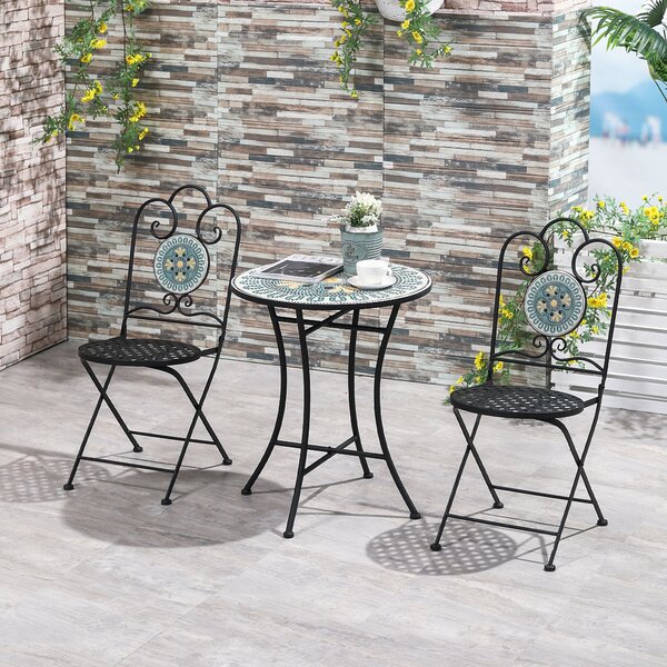Outsunny Set da Giardino con Mosaico da 3 Pezzi, Tavolino Rotondo da Esterno con 2 Sedie Pieghevoli in Metallo, Verde|Aosom