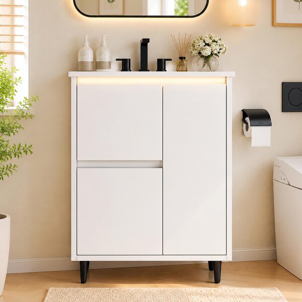Mobile bagno autoportante, bianco, dimensioni 61x46,5x87 cm. Mobile bagno con lavabo in Vetroceramica, 1 anta e 2 cassetti, realizzato in MDF