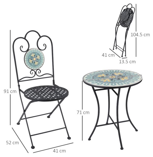 Outsunny Set da Giardino con Mosaico da 3 Pezzi, Tavolino Rotondo da Esterno con 2 Sedie Pieghevoli in Metallo, Verde|Aosom