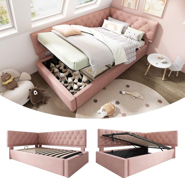 Letto imbottito 90x190 cm, modello divano letto con spazio contenitore a sollevamento idraulico, rivestito in velluto rosa, con testiera montabile a sinistra o a destra, struttura del letto senza materasso