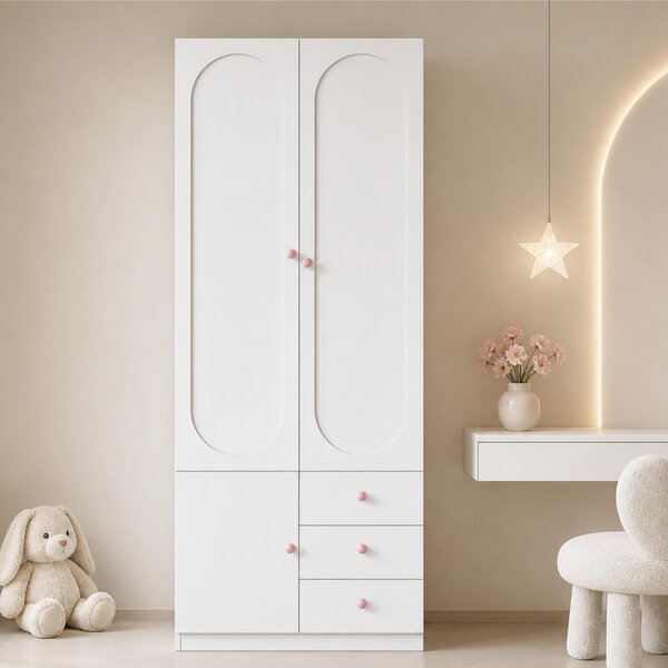 Armadio STILVORA con 2 ante e cassetti, armadio per bambini con barra appendiabiti, mobile contenitore con maniglie in Vetroceramica