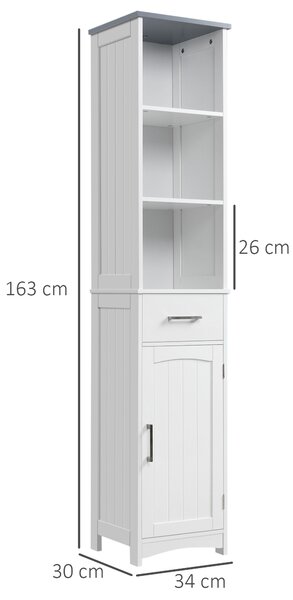 Kleankin Armadietto Bagno con Scaffale a 3 Livelli, 1 Cassetto e 1 Mobiletto, in MDF Verniciato, 34x30x163cm, Bianco e Grigio|Aosom