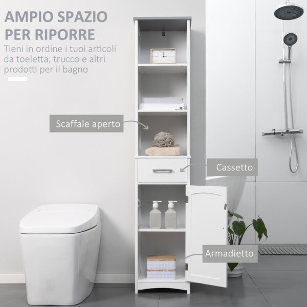 Kleankin Armadietto Bagno con Scaffale a 3 Livelli, 1 Cassetto e 1 Mobiletto, in MDF Verniciato, 34x30x163cm, Bianco e Grigio|Aosom