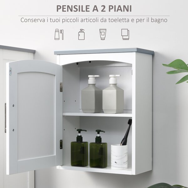 Kleankin Mobile Bagno a Parete con Mensola Regolabile, Pensile Bagno a un'Anta, 41x18.5x52cm, Bianco e Grigio|Aosom