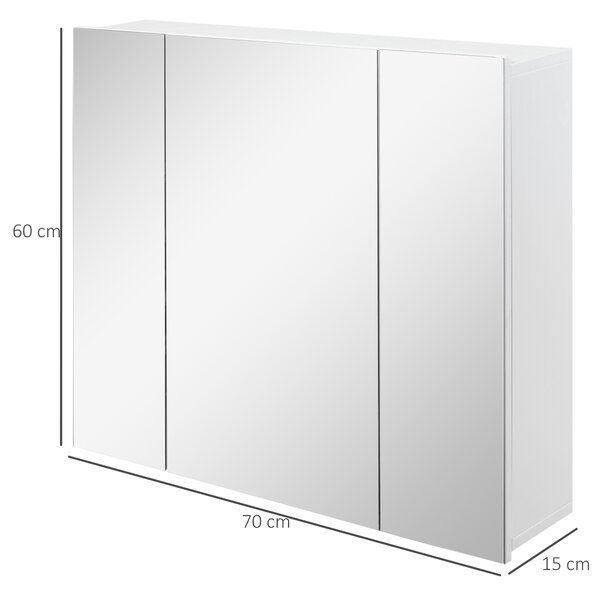 Kleankin Armadietto Bagno con 3 Ante Specchiate, Mobiletto Pensile Bagno in Legno Bianco, Ripiani Interni Regolabili, 70x15x60cm|Aosom