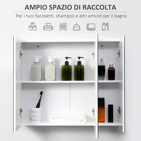 Kleankin Armadietto Bagno con 3 Ante Specchiate, Mobiletto Pensile Bagno in Legno Bianco, Ripiani Interni Regolabili, 70x15x60cm|Aosom