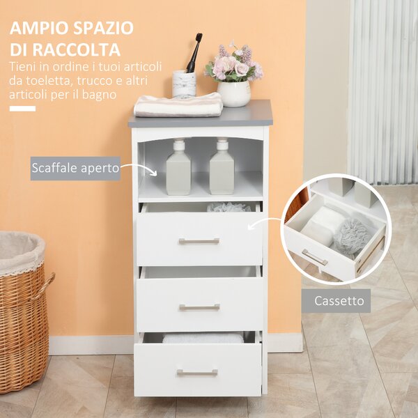 Kleankin Mobile Bagno con Scaffale Aperto e 3 Cassetti, armadietto Superficie verniciata e Design Rialzato, in MDF, 40x33x80cm, Bianco |Aosom Italy