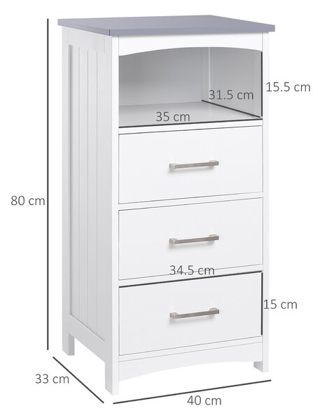 Kleankin Mobile Bagno con Scaffale Aperto e 3 Cassetti, armadietto Superficie verniciata e Design Rialzato, in MDF, 40x33x80cm, Bianco |Aosom Italy