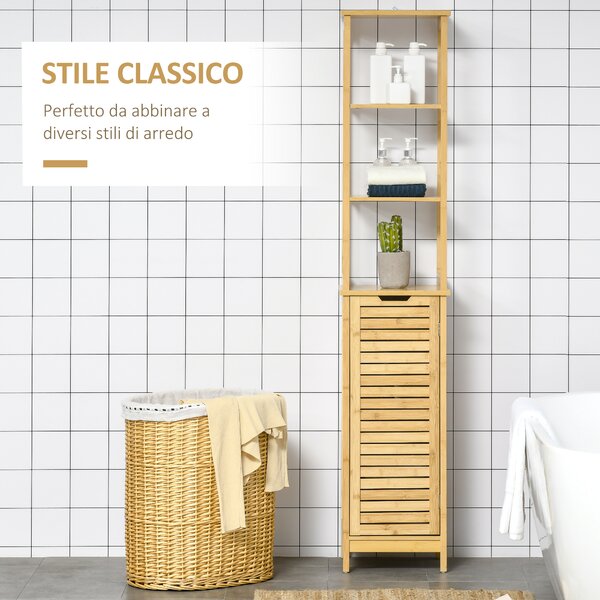 Kleankin Mobile Bagno Multifunzione, 3 Ripiani e Credenza, Design a Doghe, in MDF e Bambù, 34x30x173cm - Naturale|Aosom