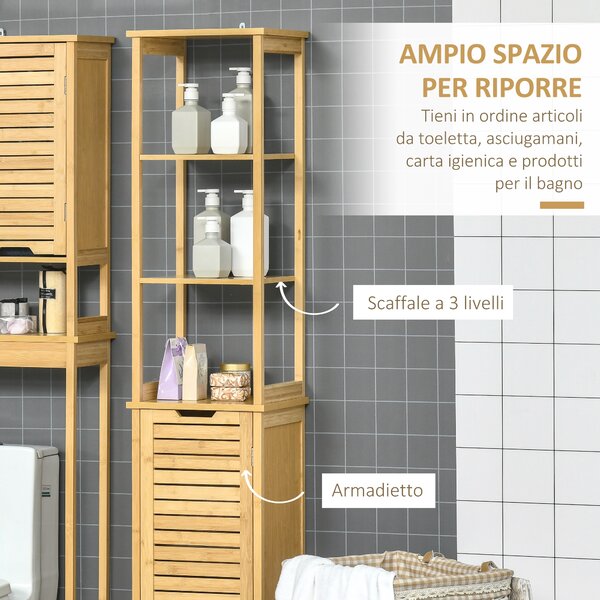 Kleankin Mobile Bagno Multifunzione, 3 Ripiani e Credenza, Design a Doghe, in MDF e Bambù, 34x30x173cm - Naturale|Aosom