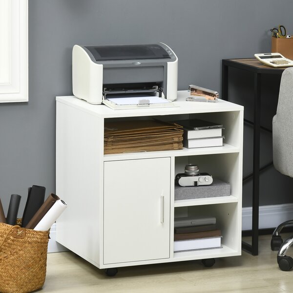 HOMCOM Mobiletto Porta Stampante con Ripiani Aperti e Armadietto in Legno, 60x50x65.5cm, Bianco