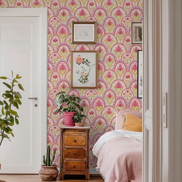 Carta da parati Archi con fiori rosa in uno stile folk, Parati fiori e piante classici, a01080 : Uwalls.it
