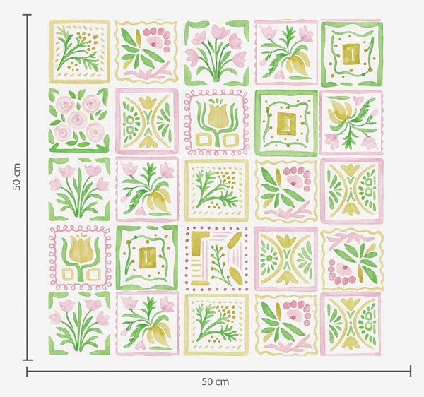 Carta da parati Quadrati acquerellati con rami rosa e verdi, Parati fiori e piante classici, a01082 : Uwalls.it