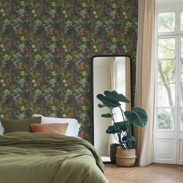 Carta da parati Giardino tropicale scuro con fiori e fogliame dai colori vivaci, Parati natura classici, a01079 : Uwalls.it