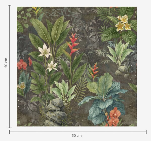 Carta da parati Giardino tropicale scuro con fiori e fogliame dai colori vivaci, Parati natura classici, a01079 : Uwalls.it