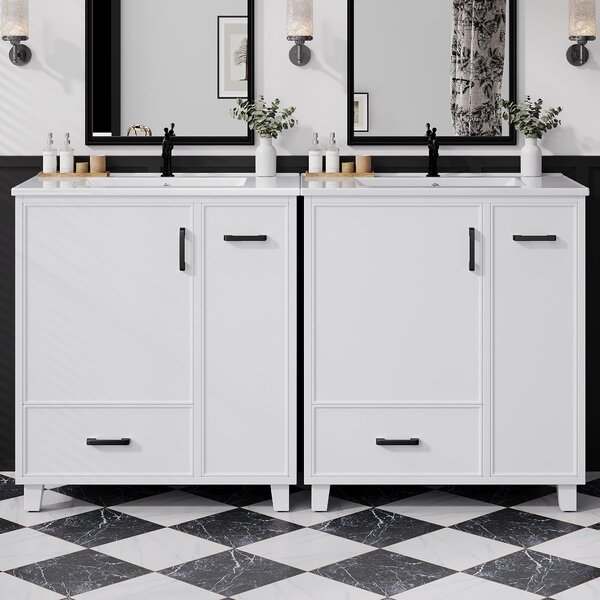 Mobile sottolavello 76,5x47x82 cm, con ante a battente, colore bianco, realizzata in MDF con rivestimento in Vetroceramica. Include un lavabo in Vetroceramica integrato e un cassetto laterale. Ideale per il bagno