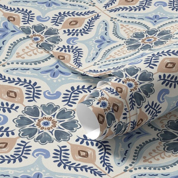Carta da parati Ornamento in stile piastrella blu-beige dipinto ad acquerello, Parati fiori e piante classici, a01085 : Uwalls.it