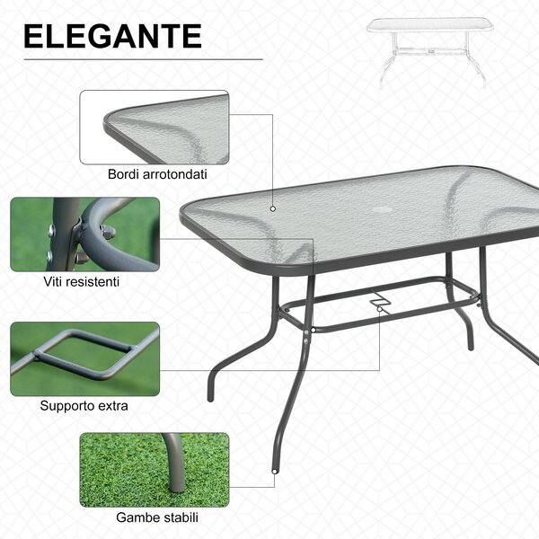 Outsunny Tavolo da Giardino con Foro per Ombrellone, Arredamento da Esterno in Metallo e Vetro 120x80x70cm Grigio|Aosom