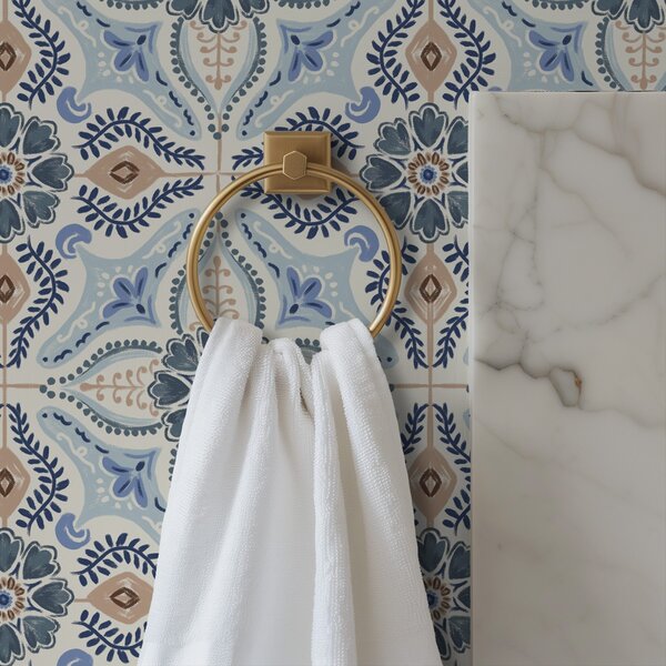 Carta da parati Ornamento in stile piastrella blu-beige dipinto ad acquerello, Parati fiori e piante classici, a01085 : Uwalls.it