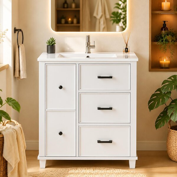 Mobile lavabo autoportante, bianco, dimensioni 76,5x47x83,5 cm, con lavabo in Vetroceramica e 5 cassetti