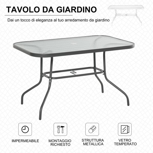 Outsunny Tavolo da Giardino con Foro per Ombrellone, Arredamento da Esterno in Metallo e Vetro 120x80x70cm Grigio|Aosom