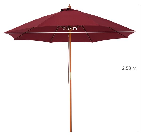 Outsunny Ombrellone da Giardino Φ257x253cm, Tettuccio Antivento, Poliestere Rosso, Palo in Legno, Perfetto per Esterni|Aosom